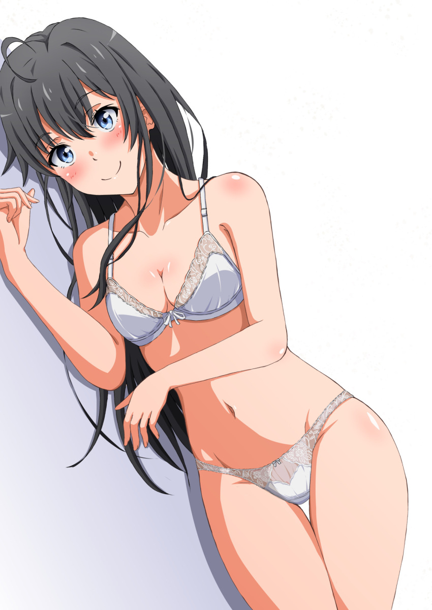 1girl black_hair blue_eyes blush bra breasts cleavage commentary_request highres konoyan long_hair looking_at_viewer lying medium_breasts navel on_side panties smile solo stomach thighs underwear underwear_only white_bra white_panties yahari_ore_no_seishun_lovecome_wa_machigatteiru. yukinoshita_yukino