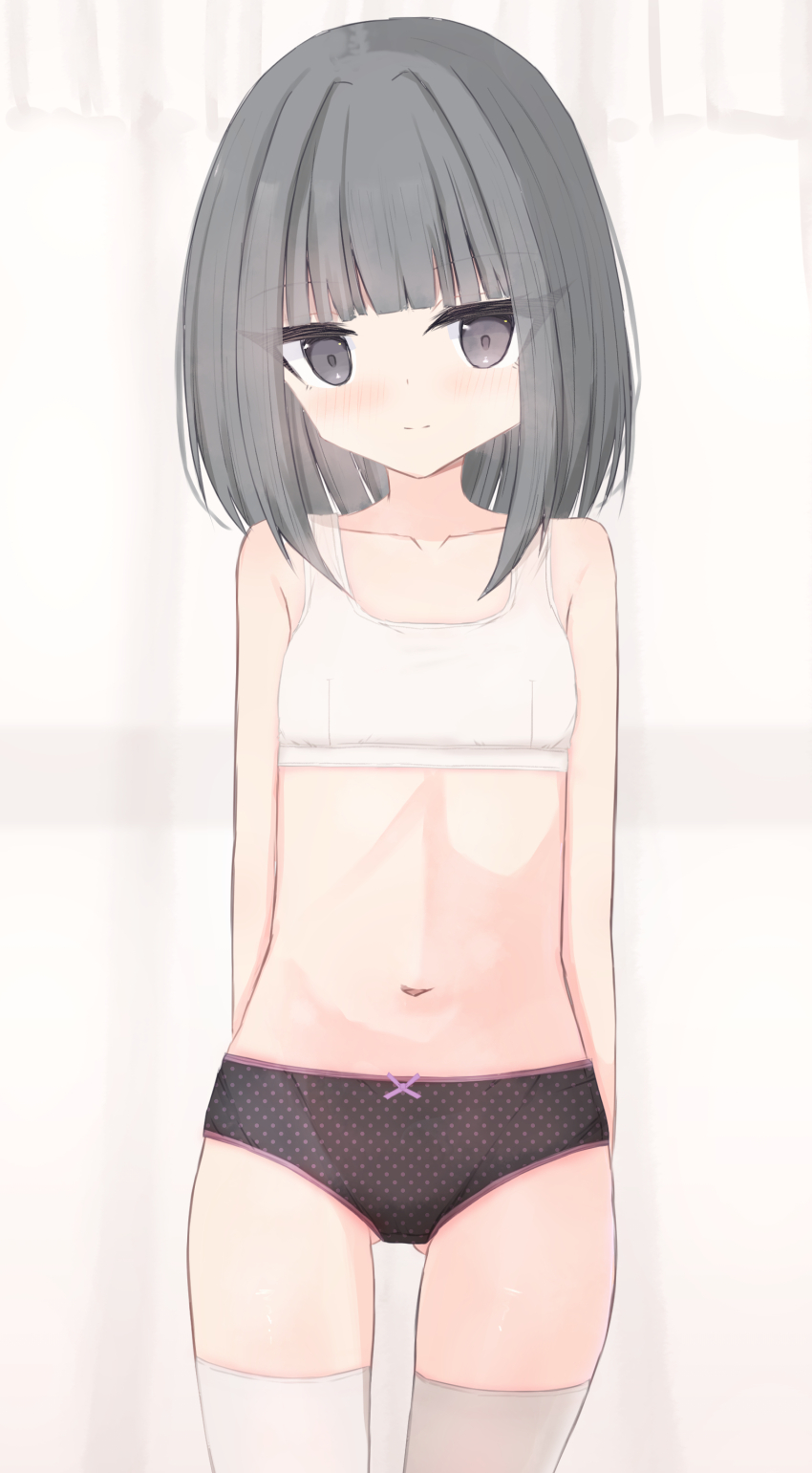 1girl absurdres black_panties blush bow bow_panties bra collarbone curtains flat_chest grey_eyes grey_hair highres loli looking_at_viewer navel original panties pink_bow polka_dot polka_dot_panties shooko short_hair smile standing thighhighs underwear white_bra white_thighhighs window