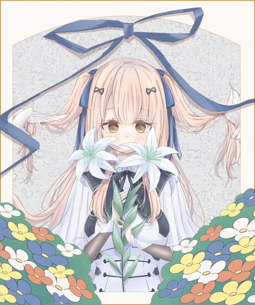 1girl animal assault_lily bird black_ribbon blue_flower blue_ribbon blush border brown_border brown_eyes brown_hair capelet commentary covered_mouth dove floral_background flower flower_over_mouth grey_background hair_lift hair_ornament hair_ribbon hairclip hands_up highres holding holding_flower lily_(flower) long_hair long_sleeves looking_at_viewer neck_ribbon ookawa_miya orange_flower ribbon school_uniform shirt sidelocks solo tada_shiera two_side_up underbust upper_body white_bird white_capelet white_flower white_shirt yellow_flower yurigaoka_girls_academy_school_uniform