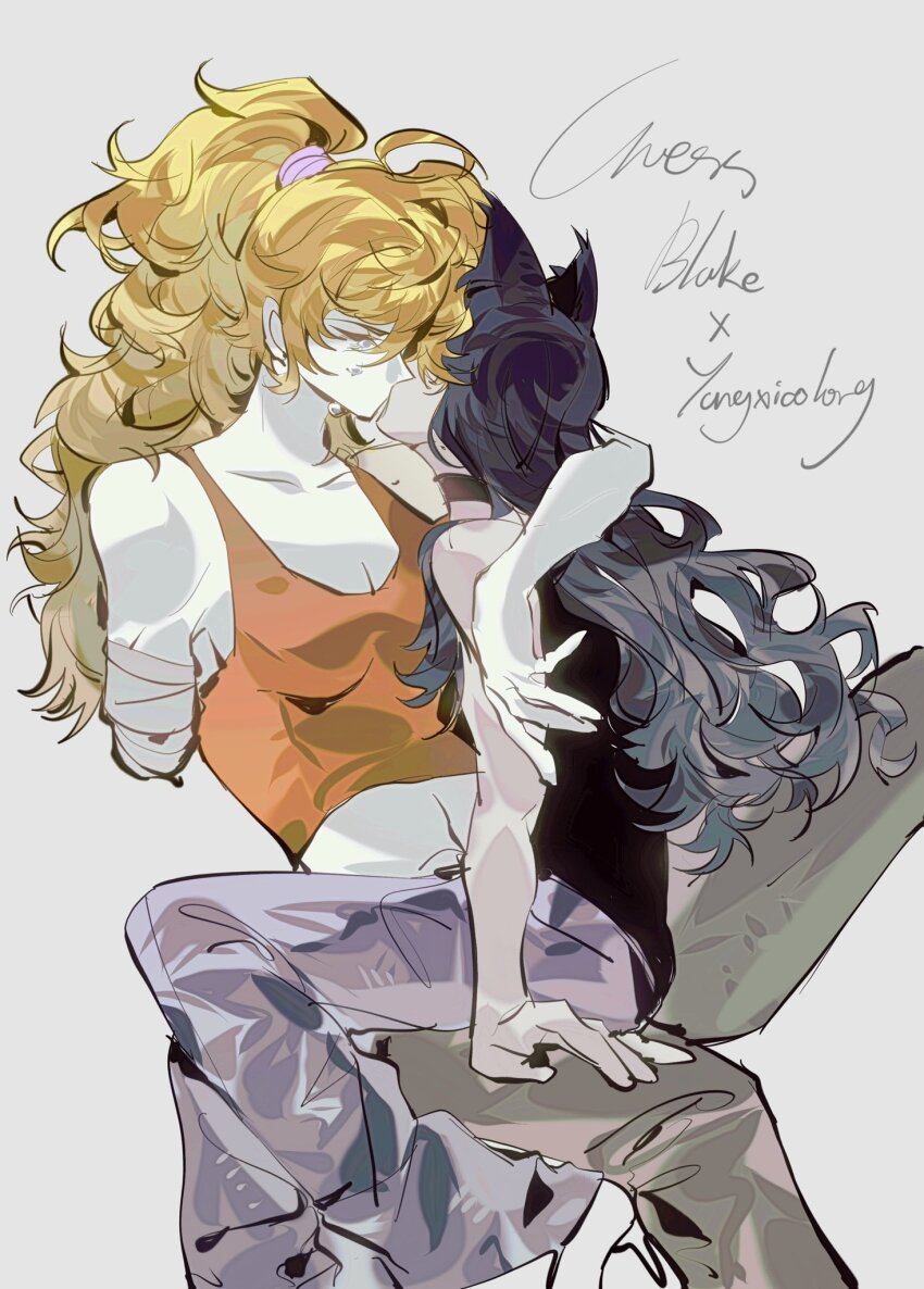 2girls amputee animal_ears arm_around_neck black_hair blake_belladonna blonde_hair cat_ears character_name closed_eyes commentary grey_background grey_pants guess1023 hand_on_another&#039;s_thigh highres long_hair missing_limb multiple_girls orange_tank_top pants ponytail rwby simple_background sitting sitting_on_lap sitting_on_person tank_top tears yang_xiao_long yuri