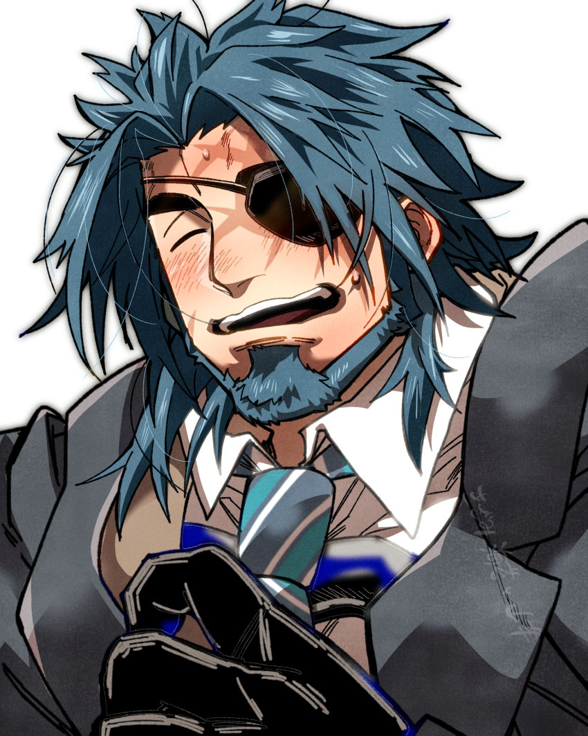 1boy beard blush closed_eyes eyepatch facial_hair facing_viewer formal_clothes full_beard gloves highres kizami_nori_to_yamaimo live_a_hero male_focus mature_male mismatched_eyebrows necktie pectorals scar scar_across_eye scar_on_face shidemasu_(live_a_hero) smile solo suit thick_beard thick_eyebrows upper_body