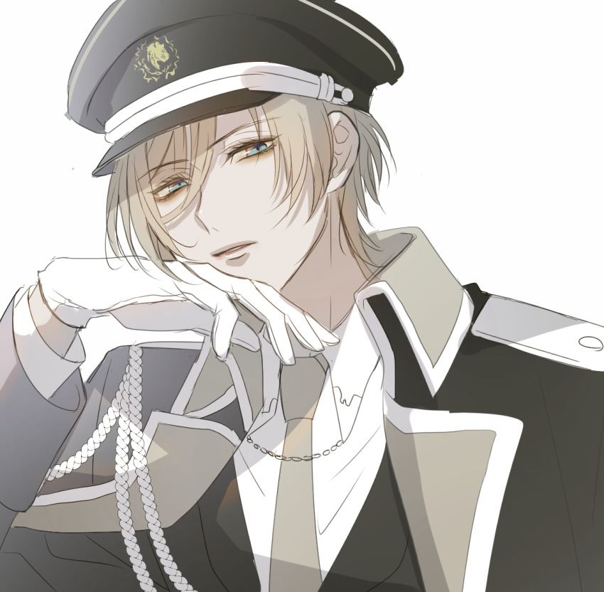 1boy black_headwear blue_eyes brown_necktie chevalier_michel gloves hand_up ikemen_prince light_brown_hair long_sleeves male_focus necktie simple_background solo uniform upper_body white_background white_gloves y_(pixiv69889180)