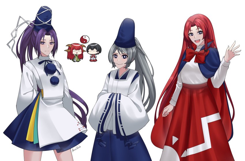 1boy 4girls :| arms_behind_back aroevela black_hair blue_cape blue_eyes blue_hakama blue_pants blue_ribbon blue_skirt breasts cape chibi closed_mouth commentary_request cosplay detached_sleeves forehead grey_hair hakama hakama_pants hands_in_opposite_sleeves hat hat_ribbon highres hong_meiling hong_meiling_(cosplay) horns japanese_clothes kariginu long_hair long_skirt long_sleeves meira_(touhou) mononobe_no_futo mononobe_no_futo_(cosplay) multiple_girls neck_ribbon pants pom_pom_(clothes) purple_eyes purple_hair red_hair red_hakama ribbon shingyoku_(female) shingyoku_(male) shingyoku_(touhou) shingyoku_(touhou)_(cosplay) shirt short_hair simple_background skirt small_breasts smile sun_print tabard tate_eboshi thighs touhou touhou_(pc-98) turtleneck upper_body very_long_hair white_background white_ribbon white_shirt white_tabard wide_sleeves