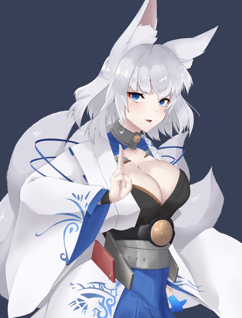 1girl :d absurdres animal_ears arm_behind_back azur_lane blue_eyes blue_skirt blush breasts cleavage cleavage_cutout clothing_cutout commentary_request eyeshadow fang fox_ears fox_girl fox_tail hand_up highres japanese_clothes kaga_(azur_lane) kimono kitsune kuji-in large_breasts long_sleeves looking_at_viewer makeup medium_hair multiple_tails nagatokks no_mask open_mouth pleated_skirt print_kimono shikigami skirt smile solo tail white_hair white_kimono wide_sleeves