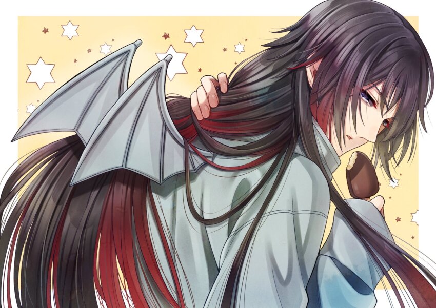 1boy adjusting_hair bat_wings black_hair border bungou_to_alchemist fingernails food food_bite from_behind grey_jacket grey_wings h._p._lovecraft_(bungou_to_alchemist) hair_between_eyes holding holding_food holding_ice_cream ice_cream ice_cream_bar jacket long_hair long_sleeves looking_at_viewer looking_back male_focus mini_wings multicolored_hair outside_border parted_lips purple_eyes red_hair sidelocks sleeves_past_wrists solo star_(symbol) star_symbol_background streaked_hair tukisaya upper_body very_long_hair white_border wings yellow_background