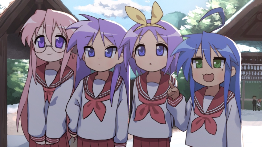 1boy 5girls blue_eyes blue_hair blush glasses highres hiiragi_kagami hiiragi_tsukasa izumi_konata kogami_akira long_hair lucky_star mole mole_under_eye multiple_girls open_mouth pantyhose pink_hair purple_eyes purple_hair ryouou_school_uniform school_uniform serafuku shiraishi_minoru short_hair smile solo takara_miyuki twintails wuju59