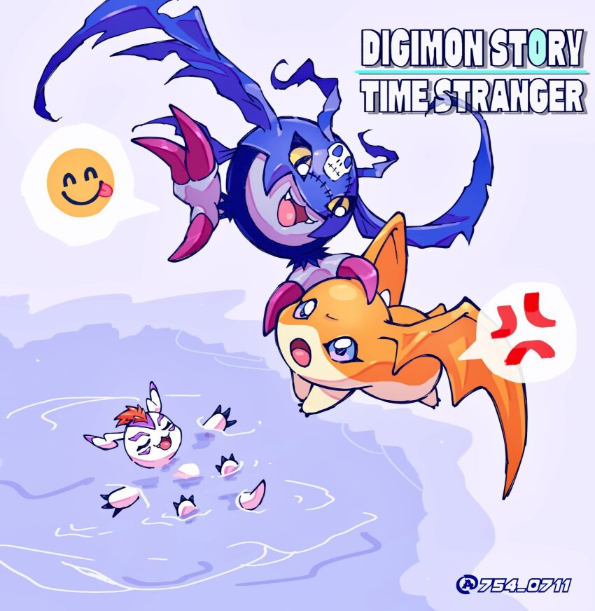 anger_vein bat_(animal) body_fur digimon digimon_(creature) digimon_story:_time_stranger gomamon head_wings highres midair mohawk nagoshi one_eye_closed orange_fur partially_submerged patamon picodevimon seal_(animal) speech_bubble spoken_anger_vein twitter_username white_fur wings