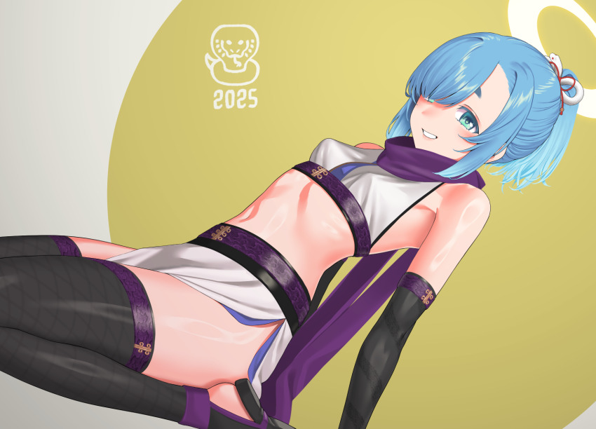 1girl 2025 :d aqua_eyes bare_shoulders black_gloves black_thighhighs blue_hair blush breasts chinese_zodiac commentary_request covered_erect_nipples crop_top dutch_angle elbow_gloves gishu gloves grin hair_ornament hair_over_one_eye halo highres looking_at_viewer open_mouth original parted_lips ponytail purple_scarf revealing_clothes scarf short_hair short_ponytail sitting skirt small_breasts smile snake_hair_ornament solo thighhighs two-tone_background white_skirt year_of_the_snake yellow_background
