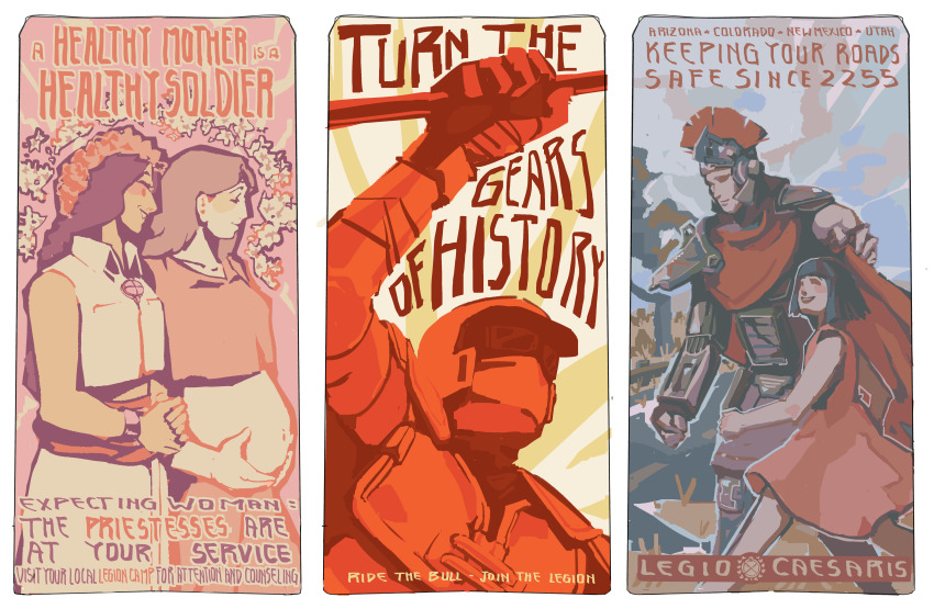 2boys 3girls absurdres caesar&#039;s_legion cape english_text fallout:_new_vegas fallout goggles helmet highres holding holding_polearm holding_weapon mask mouth_mask multiple_boys multiple_girls plume polearm poster_(medium) pregnant propaganda spear toffee_32 weapon