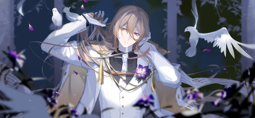 1boy animal_on_arm bird bird_on_arm black_shirt black_sleeves brown_coat brown_hair buddha&#039;s_temptation_(the_tale_of_food) buttoned_cuffs buttons byuey closed_mouth coat coat_on_shoulders collared_shirt falling_petals floating_clothes flower flower_on_chest gloves hair_between_eyes head_rest head_tilt heterochromia highres holding holding_own_hair jacket layered_sleeves long_bangs long_hair looking_to_the_side male_focus necktie petals purple_flower purple_petals red_eyes shirt sideways_glance solo tassel the_tale_of_food upper_body vest waistcoat white_bird white_coat white_gloves white_jacket white_necktie white_sleeves yellow_eyes