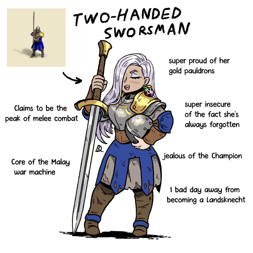 1girl :d absurdres age_of_empires_(series) age_of_empires_ii armor blush boots breastplate breasts english_text genderswap genderswap_(mtf) grey_hair helmet highres holding holding_helmet holding_sword holding_unworn_helmet holding_weapon kabewski large_breasts long_hair medieval open_mouth reference_inset smile solo sword two-handed_swordsman_(age_of_empires_2) typo weapon white_background