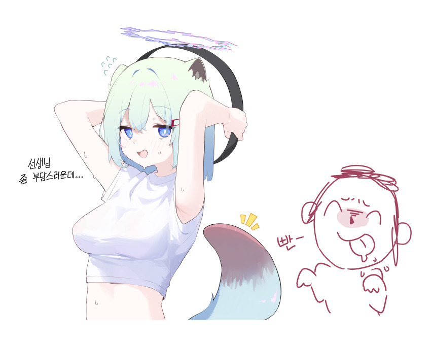 1boy 1girl absurdres alternate_costume animal_ears aqua_hair arms_behind_head arms_up blue_archive blue_eyes blue_halo bright_pupils commentary cropped_shirt doodle_sensei_(blue_archive) exercising flying_sweatdrops hair_between_eyes hair_ornament hairclip halo highres korean_text looking_at_viewer midriff mona_kkkk navel open_mouth ring-con sensei_(blue_archive) shigure_(blue_archive) shirt short_hair short_sleeves simple_background smile solo sportswear sweat tail translation_request weasel_ears weasel_girl weasel_tail white_background white_pupils white_shirt
