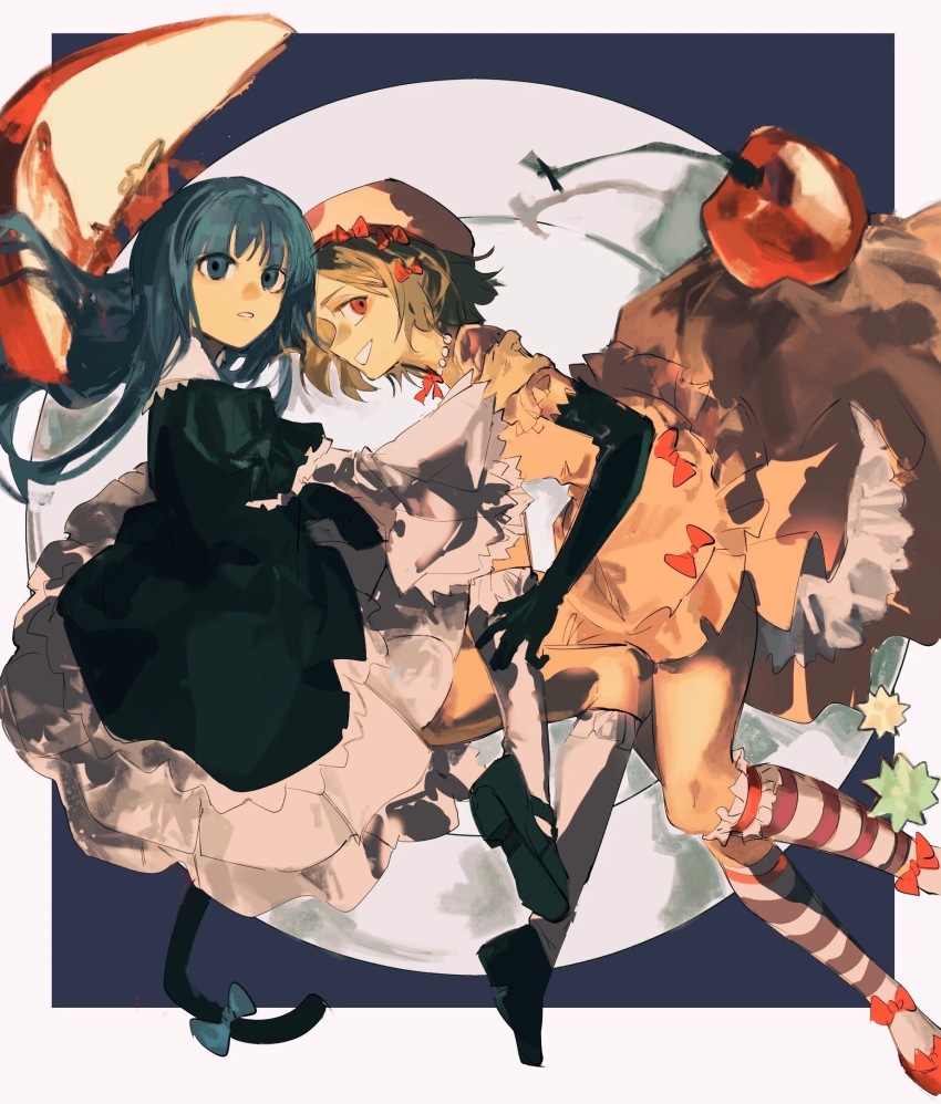 2girls apple apple_slice beret black_dress black_gloves blonde_hair blue_bow blue_eyes blue_hair bow candy cat_tail cherry dress elbow_gloves floating_clothes floating_hair food frederica_bernkastel frilled_socks frills fruit full_body gloves gothic_lolita grin hair_bow hand_on_another&#039;s_leg hat hat_bow highres knees_together_feet_apart konpeitou lambdadelta lolita_fashion looking_at_viewer looking_back lostack mary_janes multiple_girls parted_lips pearl_choker pink_dress pink_hat profile puffy_sleeves red_eyes ribbon-trimmed_socks ribbon_trim shoes short_hair smile socks striped_clothes striped_socks tail tail_bow tail_ornament umineko_no_naku_koro_ni