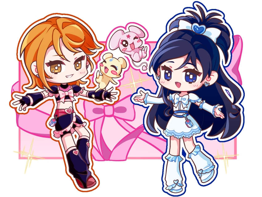2girls artist_request asymmetrical_bangs belt black_arm_warmers black_gloves black_hair black_leg_warmers black_shirt black_shorts black_skirt blue_belt blue_eyes border bow bowtie bright_pupils brown_eyes brown_shoes chain chibi chinese_commentary commentary_request commission cure_black cure_white dress earrings eyelashes fingerless_gloves frilled_leg_warmers frilled_skirt frilled_sleeves frills futari_wa_precure gloves grin hair_bow hair_ornament happy heart heart_earrings heart_hair_ornament high_ponytail highres jewelry lace lace-trimmed_dress lace_trim leg_warmers light_blush long_hair magical_girl medium_hair mepple midriff miniskirt mipple misumi_nagisa multiple_girls open_mouth orange_hair outline outside_border outstretched_arms phone pink_background pink_bow pink_bowtie ponytail precure second-party_source shirt shoes short_dress short_ponytail short_sleeves shorts shorts_under_skirt skirt skirt_set smile sparkle split_ponytail square_pupils swept_bangs tsurime turtleneck turtleneck_shirt very_long_hair white_arm_warmers white_border white_bow white_bowtie white_dress white_leg_warmers white_outline white_pupils white_shoes yukishiro_honoka