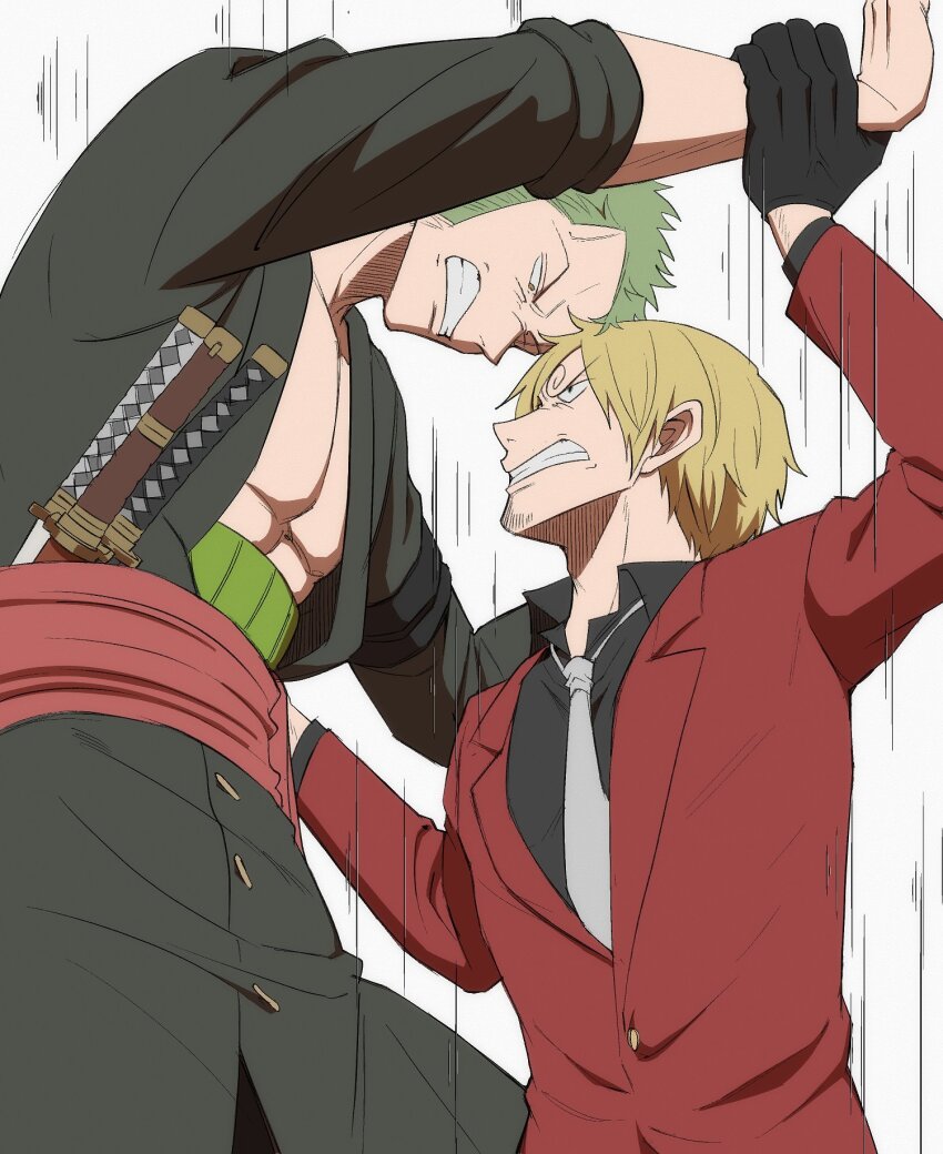 2boys abs black_gloves black_shirt blonde_hair clenched_teeth formal_clothes gloves green_eyes green_haori hair_over_one_eye haori highres jacket japanese_clothes katana male_focus multiple_boys muscular muscular_male one_eye_closed one_piece p5naq_pv red_jacket red_suit roronoa_zoro sanji_(one_piece) shirt suit sword teeth weapon