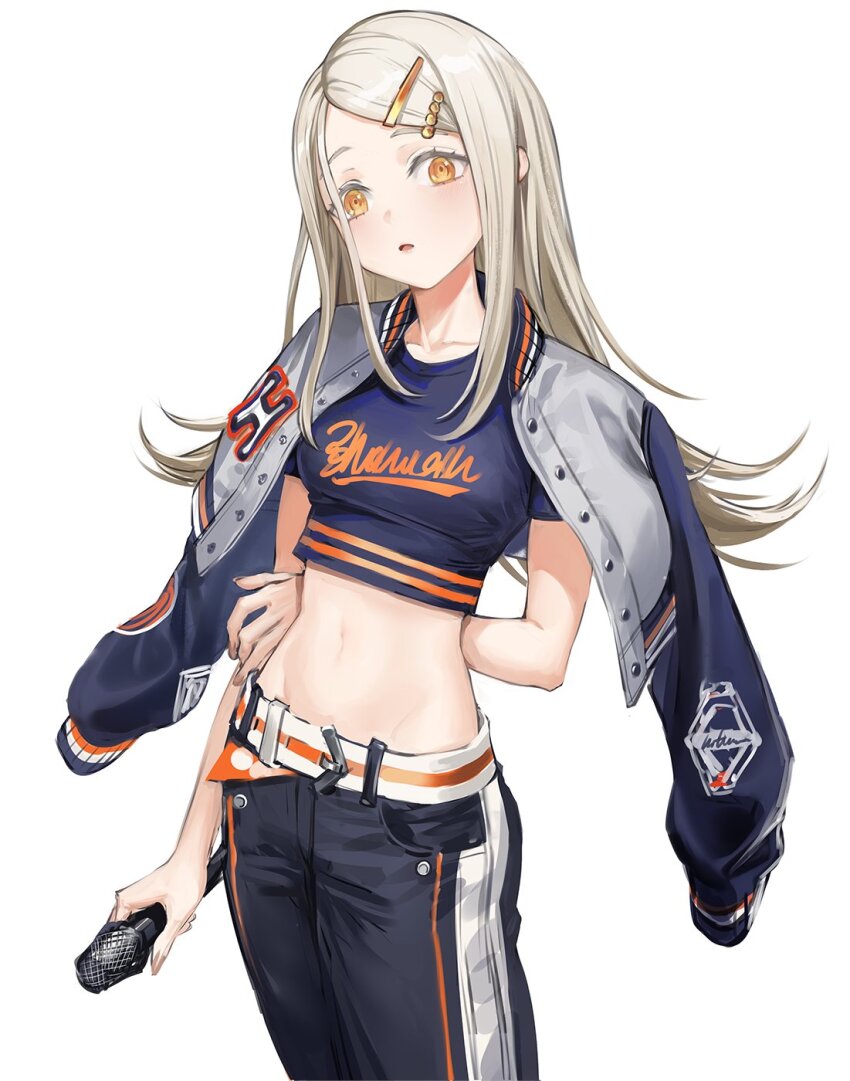 1girl belt black_pants black_shirt blonde_hair collarbone crop_top gakuen_idolmaster hair_ornament hairclip highres holding holding_microphone idolmaster infukun jacket jacket_on_shoulders long_hair looking_at_viewer microphone midriff navel orange_eyes pants shinosawa_hiro shirt simple_background solo standing white_background white_belt