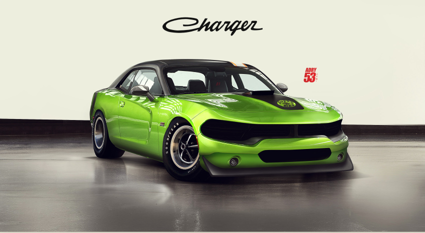 absurdres adry53 car commentary dodge_(company) dodge_charger dodge_charger_(7th_generation) english_commentary green_car highres indoors motor_vehicle muscle_car no_humans original redesign shadow vehicle_focus vehicle_name