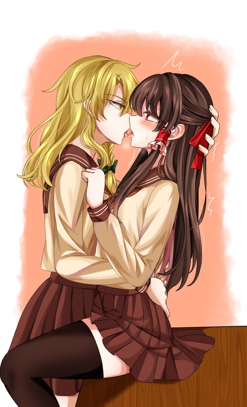 2girls alternate_costume black_thighhighs blonde_hair blush bow braid brown_hair brown_sailor_collar brown_skirt commentary_request eye_contact french_kiss frilled_hair_tubes frills green_bow hair_bow hair_tubes hakurei_reimu hand_on_another&#039;s_head hand_on_another&#039;s_waist highres kirisame_marisa kiss long_hair long_sleeves looking_at_another mito_(fate) multiple_girls no_hair_bow no_headwear pleated_skirt red_eyes sailor_collar sailor_shirt saliva school_uniform shirt side_braid single_braid sitting skirt sweatdrop thighhighs tongue tongue_out touhou very_long_hair yellow_eyes yellow_shirt yuri