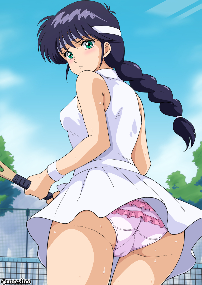 1girl ass ayukawa_madoka black_hair blue_sky cameltoe closed_mouth cloud cloudy_sky commentary_request cowboy_shot crotch_seam day dress frilled_panties frills from_behind frown green_eyes hair_tie headband highres holding_tennis_racket kimagure_orange_road long_hair looking_at_viewer looking_back moeshino outdoors panties ponytail racket short_dress sky sleeveless sleeveless_dress solo sportswear standing sweat tennis_court tennis_racket tennis_uniform twitter_username underwear white_headband white_panties wind wind_lift wristband