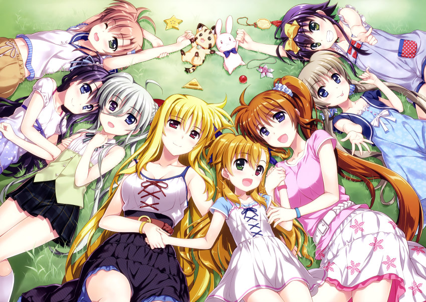 6+girls :d absurdres ahoge asteion asymmetrical_bangs bardiche_(nanoha) bardiche_(standby_form)_(nanoha) bare_legs belt black_skirt blue_eyes blue_jacket blue_ribbon blue_shirt blue_skirt blush bow bowtie bracelet braid breasts brown_belt brown_eyes brown_hair brown_shorts brunzel candy_hair_ornament cleavage collarbone corona_timir cross-laced_clothes day dress dress_bow einhard_stratos fate_testarossa floral_dress floral_print food-themed_hair_ornament french_braid frilled_dress frills fujima_takuya gradient_clothes gradient_dress grass green_eyes green_ribbon hair_between_eyes hair_bow hair_ornament hair_ribbon hair_scrunchie hairclip hand_on_own_arm heterochromia high-waist_skirt highres holding_another&#039;s_arm holding_hands jacket jewelry knee_up kneehighs large_breasts layered_skirt light_blue_dress light_brown_hair long_hair looking_at_viewer low_twintails lying lyrical_nanoha mahou_shoujo_lyrical_nanoha_vivid miura_rinaldi mother_and_daughter multicolored_shirt multiple_girls navel neck_ribbon off_shoulder official_art on_back on_side one_eye_closed open_mouth outdoors outstretched_arm pink_shirt pink_skirt pinky_out plaid_clothes plaid_skirt pleated_skirt pointing pointing_at_viewer polka_dot polka_dot_dress polka_dot_scrunchie ponytail print_dress print_skirt puffy_short_sleeves puffy_shorts puffy_sleeves purple_dress purple_eyes purple_hair raising_heart raising_heart_(standby_mode) red_bow red_eyes red_ribbon ribbon rio_wezley round_teeth sacred_heart scan scrunchie shirt short_hair short_sleeves shorts side_ponytail silver_hair single_stripe skirt sleeveless sleeveless_shirt small_breasts smile socks solfege spaghetti_strap star_saber_(nanoha) striped_ribbon stuffed_animal stuffed_leopard stuffed_rabbit stuffed_toy takamachi_nanoha teeth tongue tongue_out twintails vivio wavy_mouth white_belt white_dress white_frills white_legwear white_scrunchie white_shirt white_skirt yellow_bow yellow_bracelet yellow_shirt yumina_enclave