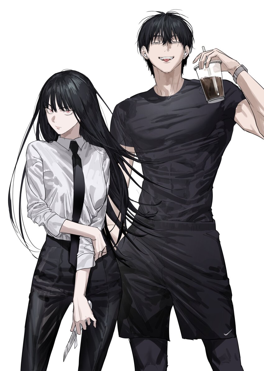 1boy 1girl absurdres black_necktie black_pants black_shirt black_shorts chamuring character_request closed_mouth collared_shirt compression_leggings compression_shirt cowboy_shot cup disposable_cup fangs grey_eyes han_maru hand_in_pocket hashtag-only_commentary highres holding holding_cup holding_knife knife long_hair looking_at_viewer necktie pants pink_eyes shirt shirt_tucked_in short_hair shorts simple_background sleeves_pushed_up special_civil_servant teeth tongue tongue_out white_background white_shirt wireless_earphones