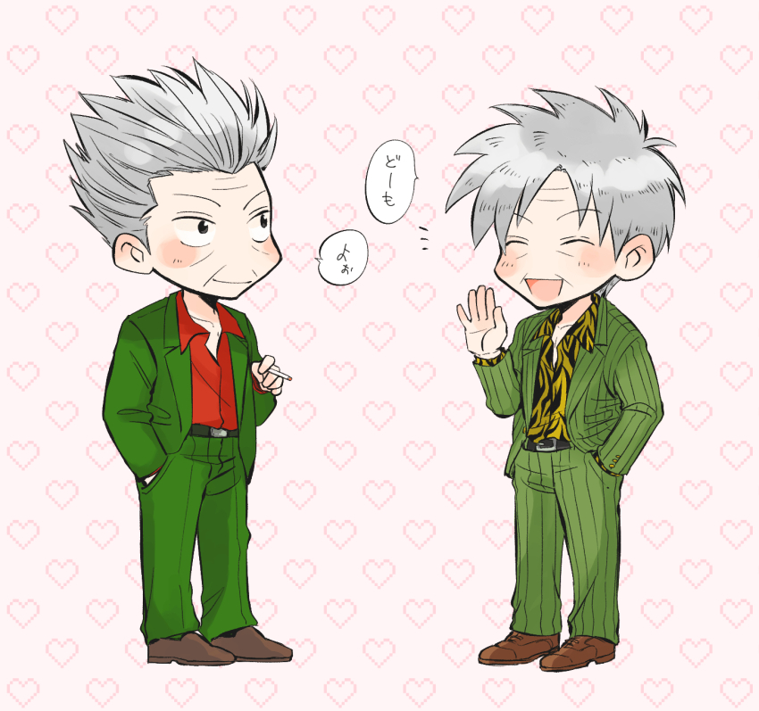 2boys akagi_shigeru animal_print black_eyes cigarette closed_eyes closed_mouth collared_shirt commentary_request formal_clothes fukumoto_mahjong full_body gin_to_kin green_jacket green_pants grey_hair hair_slicked_back hand_in_pocket heart heart_background highres hirai_ginji holding holding_cigarette jacket looking_at_another male_focus multiple_boys old old_man open_mouth pants pointy_hair print_shirt shirt short_hair smile standing striped_clothes striped_jacket suit ten_(manga) tiger_print vertical-striped_clothes vertical-striped_jacket waving wrinkled_skin y_(yism)