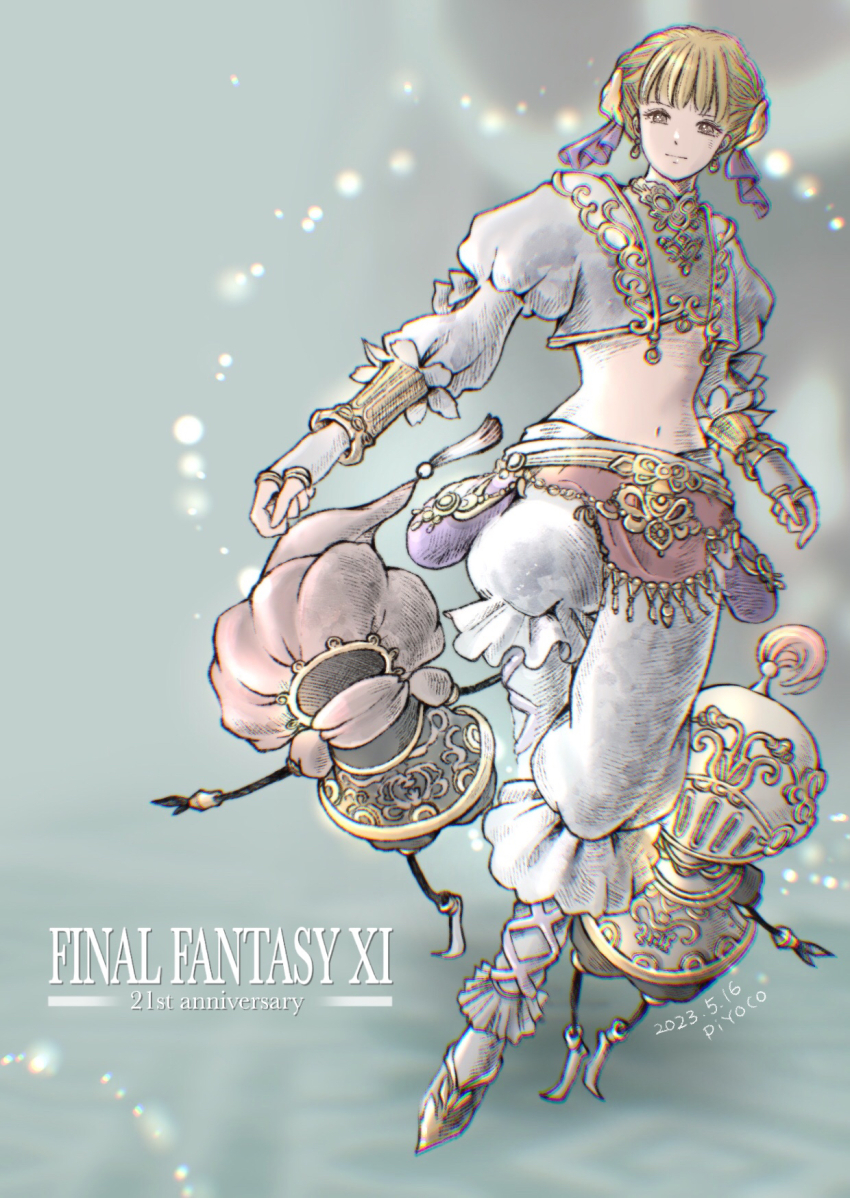 1girl 2023 :| afumau_(final_fantasy) artist_name blonde_hair chromatic_aberration closed_mouth copyright_name crop_top cropped_jacket dated earrings final_fantasy final_fantasy_xi fingerless_gloves gloves gold_trim grey_eyes highres hume jacket jewelry mnejing navel open_clothes open_jacket ovjang pants piyoco short_hair white_gloves white_jacket white_pants