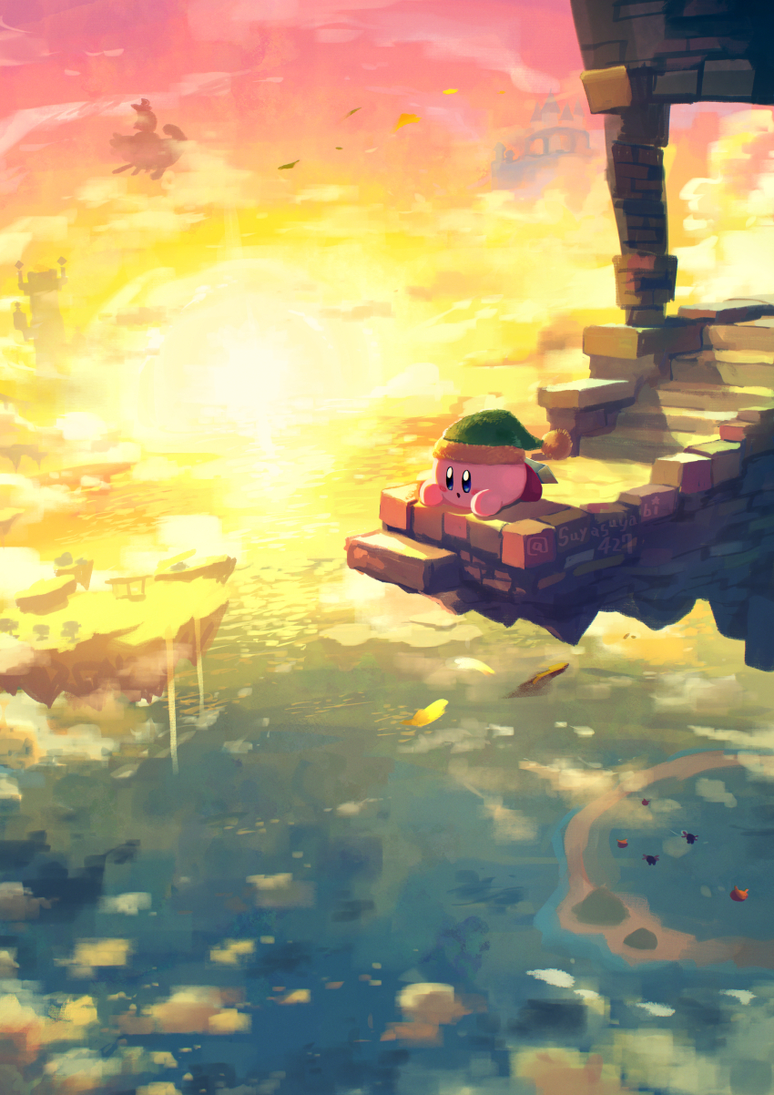 :o absurdres aircraft airship artist_name blue_eyes blush blush_stickers bronto_burt castle cloud commentary_request copy_ability floating_island flying gradient_sky green_headwear hat highres island kirby kirby&#039;s_return_to_dream_land_deluxe kirby_(series) ledge lor_starcutter lying nintendo no_humans ocean on_stomach open_mouth orange_sky outdoors pink_sky pom_pom_(clothes) scarfy scenery sky stairs star_(symbol) sun sunset suyasuyabi sword sword_kirby the_legend_of_zelda the_legend_of_zelda:_twilight_princess tower tree twitter_username water waterfall weapon