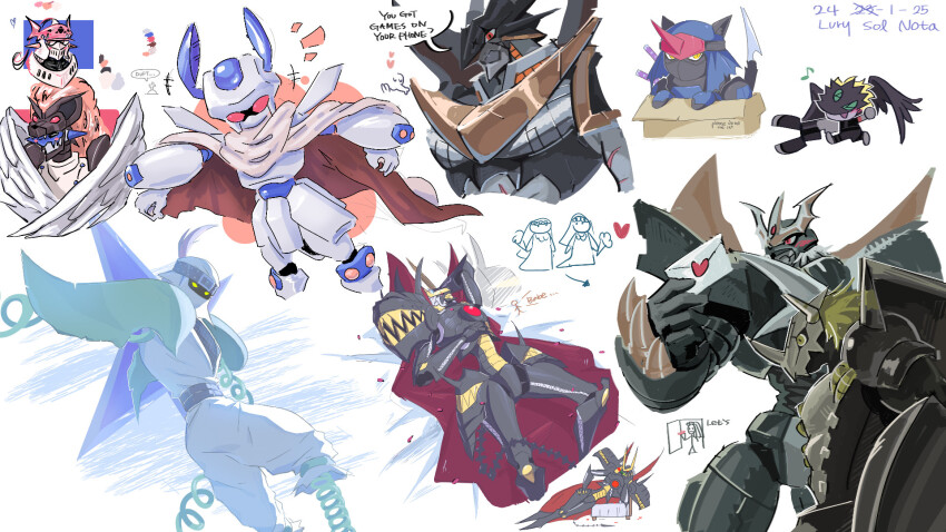 armor beelzebumon beelzebumon_blast_mode blackwargreymon box cape digimon digimon_(creature) duftmon dukemon fumamon heart highres imperialdramon imperialdramon_fighter_mode_(black) medarot medarot_(robot) ninja original plutomon rokusho_(medarot) sharp_teeth shurimon teeth ulforcev-dramon wings