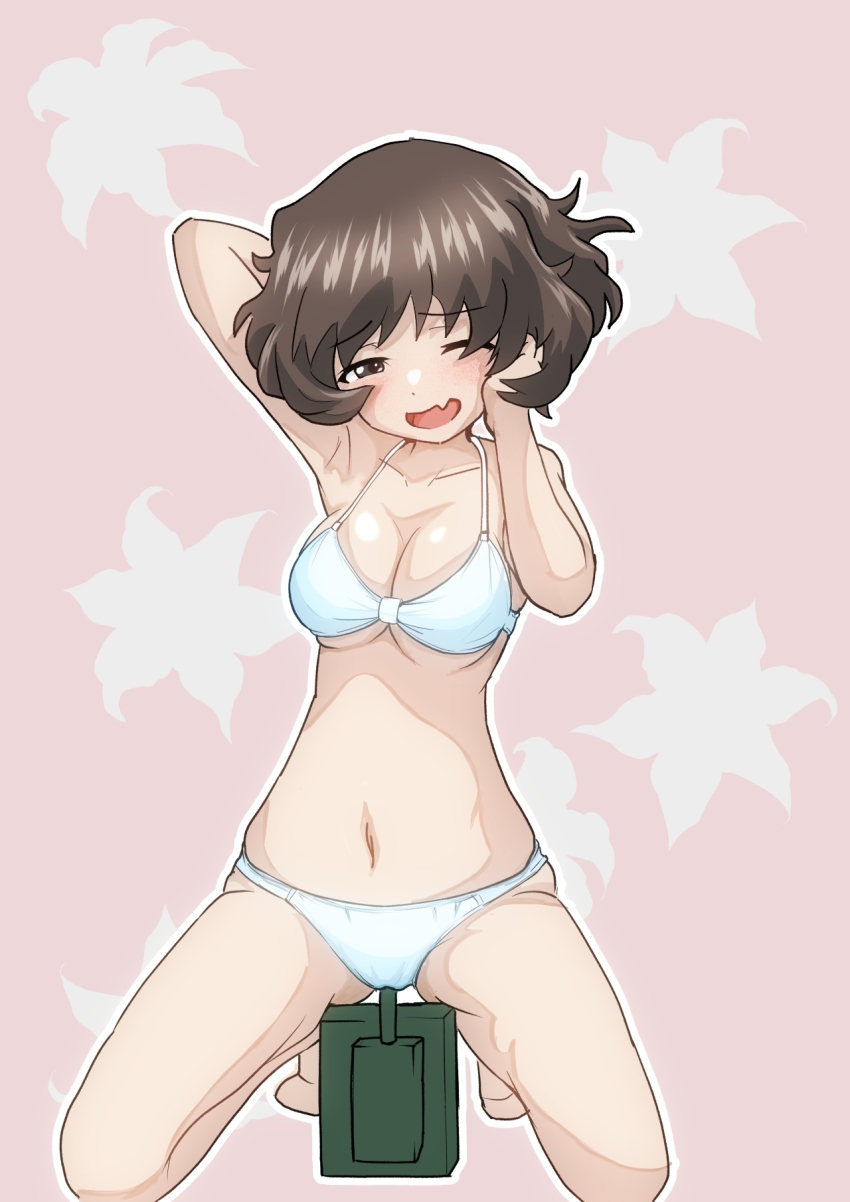 1girl akiyama_yukari bikini blush breasts brown_eyes brown_hair cleavage collarbone fang girls_und_panzer highres large_breasts mal_(malmlamal) masturbation navel one_eye_closed open_mouth pink_background short_hair simple_background smile solo swimsuit white_bikini