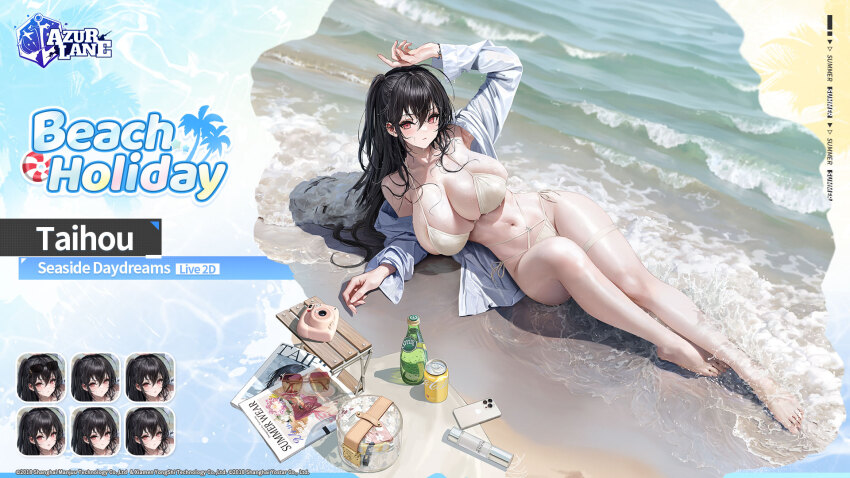 1girl ahoge arm_up azur_lane bare_shoulders barefoot beach bikini black_hair blush bottle breasts cellphone cleavage collarbone commentary copyright_name english_commentary english_text multiple_expressions feet full_body hair_between_eyes highres huge_breasts iphone legs long_hair long_sleeves looking_at_viewer lying messy_hair navel ocean off_shoulder official_alternate_costume official_art on_back one_side_up open_clothes open_shirt outdoors phone red_eyes sand shirt side-tie_bikini_bottom sideboob skindentation smartphone stomach string_bikini surcouf_(azur_lane) surcouf_(loisirs_balneaires)_(azur_lane) swimsuit taihou_(azur_lane) taihou_(seaside_daydreams)_(azur_lane) thigh_strap thighs toes tree very_long_hair water wet wet_clothes wet_shirt white_bikini white_shirt yunsang
