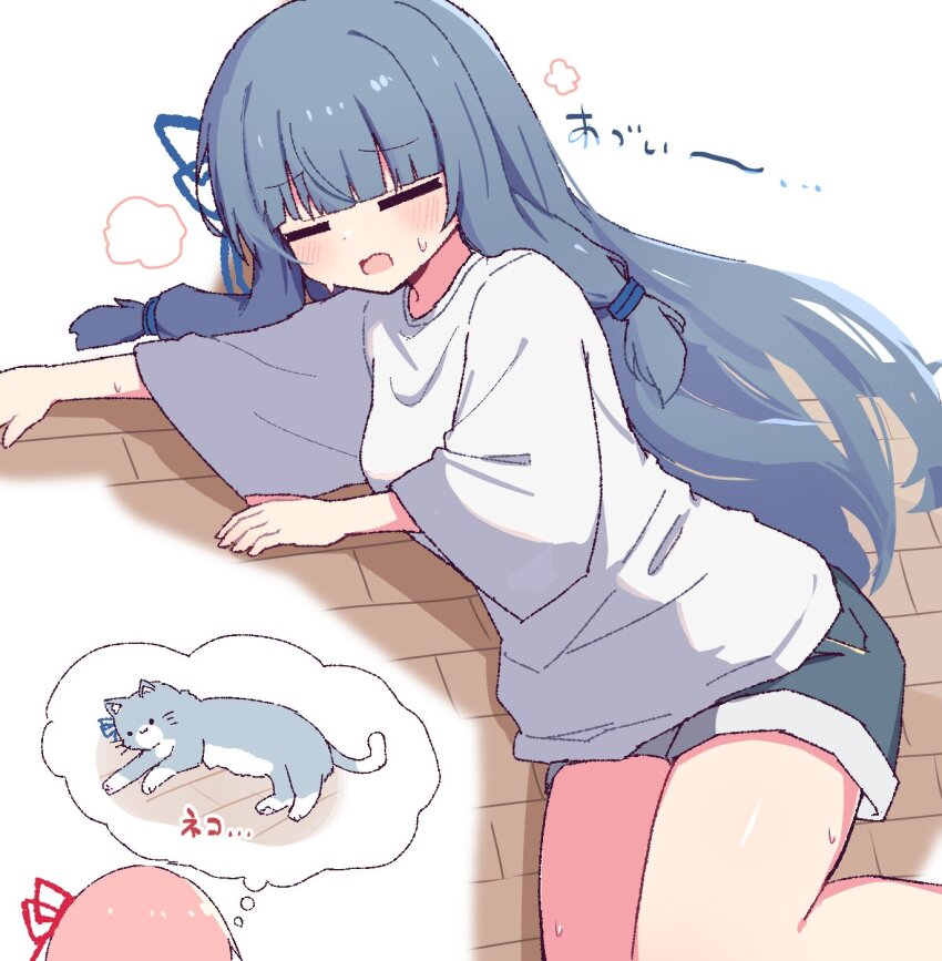 2girls blue_cat blue_hair blue_ribbon blue_shorts blunt_bangs blush cat closed_eyes commentary_request feet_out_of_frame hair_ribbon hibino_000 highres hot kotonoha_akane kotonoha_aoi long_hair long_sleeves lying multiple_girls on_side open_mouth pink_hair red_ribbon ribbon shirt shorts sidelocks speech_bubble spoken_animal sweat thought_bubble translation_request voiceroid white_background white_shirt wide_sleeves