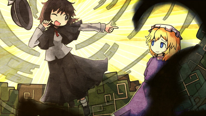 2girls akihiyo arms_behind_back belt blonde_hair blue_eyes bow brown_eyes dress finger_gun hand_on_own_cheek hand_on_own_face hat unworn_hat unworn_headwear highres maribel_hearn multiple_girls open_mouth outstretched_arm perspective pointing ribbon short_hair sun touhou tree trojan_green_asteroid usami_renko