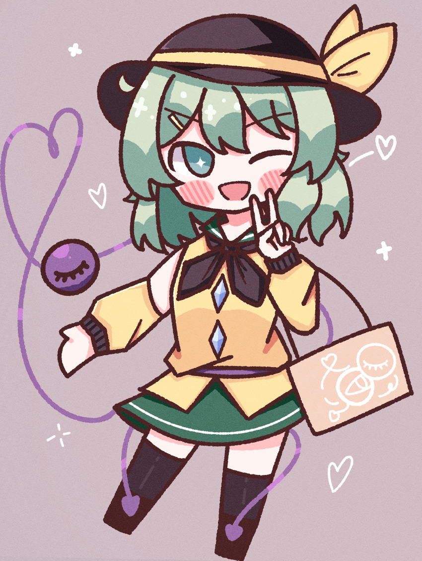 +_+ 1girl ;d absurdres bag black_hat black_ribbon blush blush_stickers bow buttons detached_sleeves diamond_button green_eyes green_hair green_skirt handbag hat hat_bow heart heart_of_string highres komeiji_koishi light_green_hair looking_at_viewer medium_hair one_eye_closed open_mouth ribbon shirt simple_background skirt smile solo sparkle standing standing_on_one_leg third_eye touhou v waroemon yellow_bow yellow_shirt