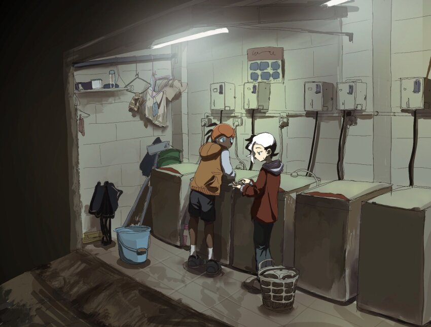 2boys black_hair black_shorts blue_eyes bucket closed_mouth dark-skinned_male dark_skin dr_mice headband highres hood hood_down laundry long_sleeves male_focus multiple_boys nintendo orange_headband pants piers_(pokemon) pokemon pokemon_swsh raihan_(pokemon) shorts standing sweat top-load_washing_machine washing_machine white_hair