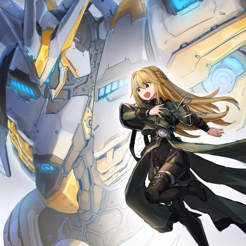 1girl blonde_hair boots capelet divine_arsenal_aa-zeus_-_sky_thunder duel_monster exosister_elis glowing hair_intakes highres korean_commentary lace-up_boots long_hair maxilax mecha open_mouth orange_eyes robot running simple_background thigh_boots thighhighs yu-gi-oh!
