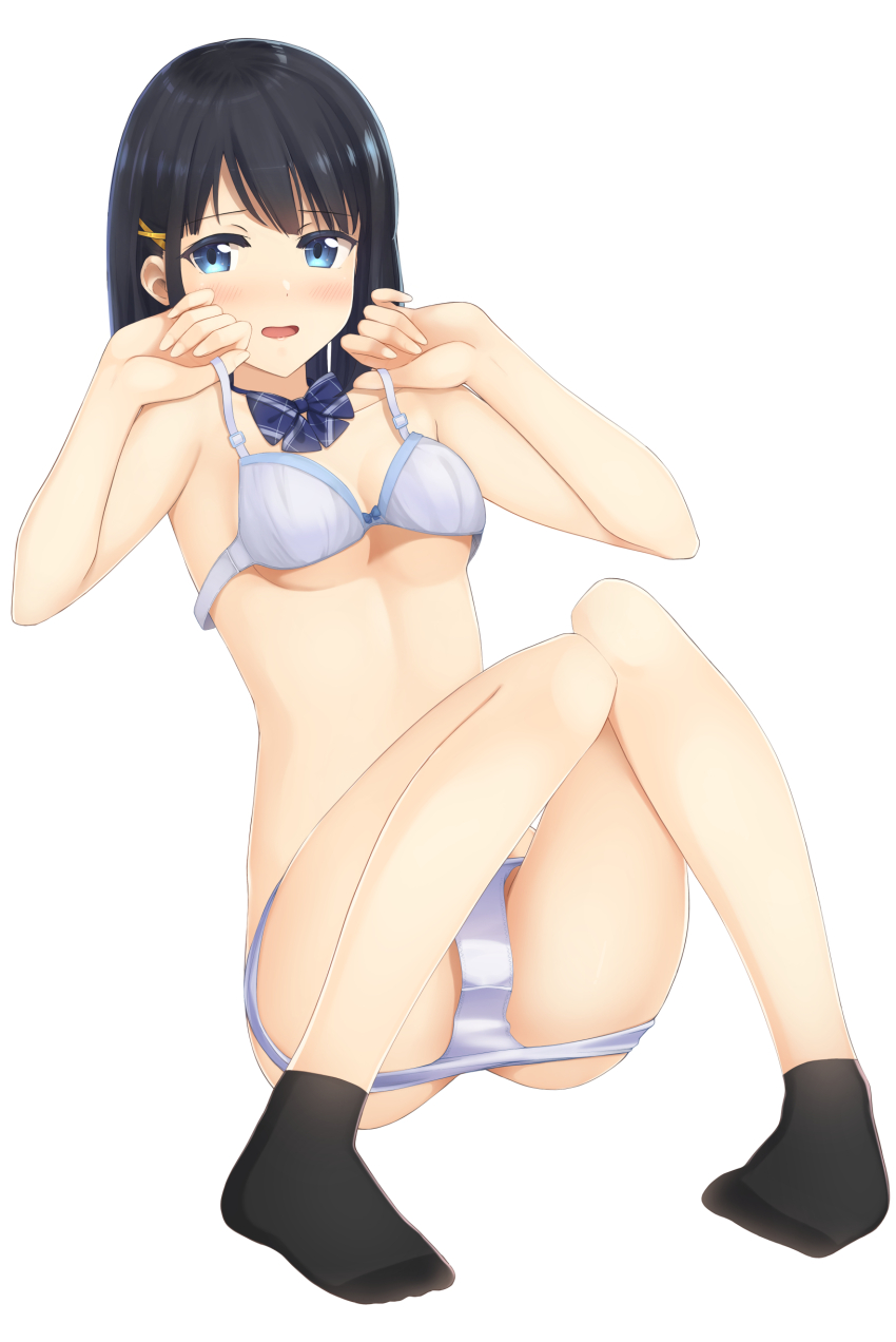 1girl absurdres adjusting_bra adjusting_clothes apollo_(hu_maple) black_hair black_socks blue_bow blue_bowtie blue_bra blue_eyes blue_panties bow bow_bra bowtie bra breasts commentary crotch_seam hair_ornament hairclip highres leaning_back looking_at_viewer medium_hair open_mouth original panties panty_pull simple_background sitting small_breasts smile socks solo underwear underwear_only white_background