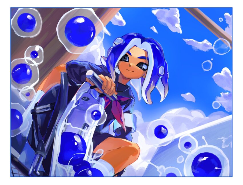 1boy black_eyes bloblobber_(splatoon) blue_hair blue_sky bubble closed_mouth cloud cloudy_sky dutch_angle eyebrow_cut feet_out_of_frame from_below highres holding holding_weapon jaemin107 kneehighs knees_up long_sleeves male_focus medium_hair nintendo octoling_boy octoling_player_character outdoors parted_bangs shorts sitting sky smirk socks solo splatoon_(series) splatoon_3 spread_legs tan weapon white_socks wind