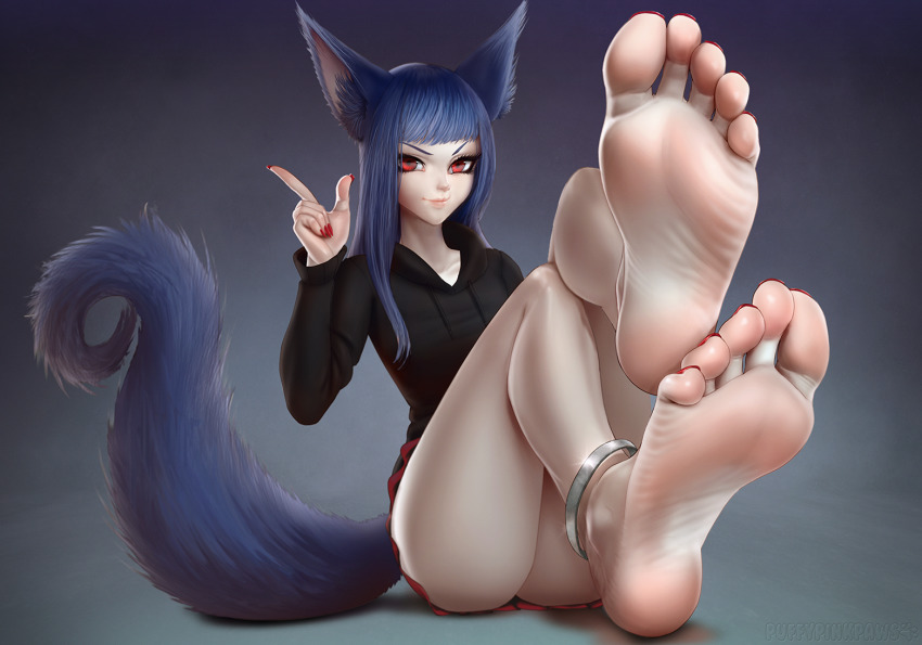 1girl animal_ears anklet barefoot blue_hair dark_blue_hair feet jewelry kitsune long_hair looking_at_viewer puffypinkpaws red_eyes soles tail toes
