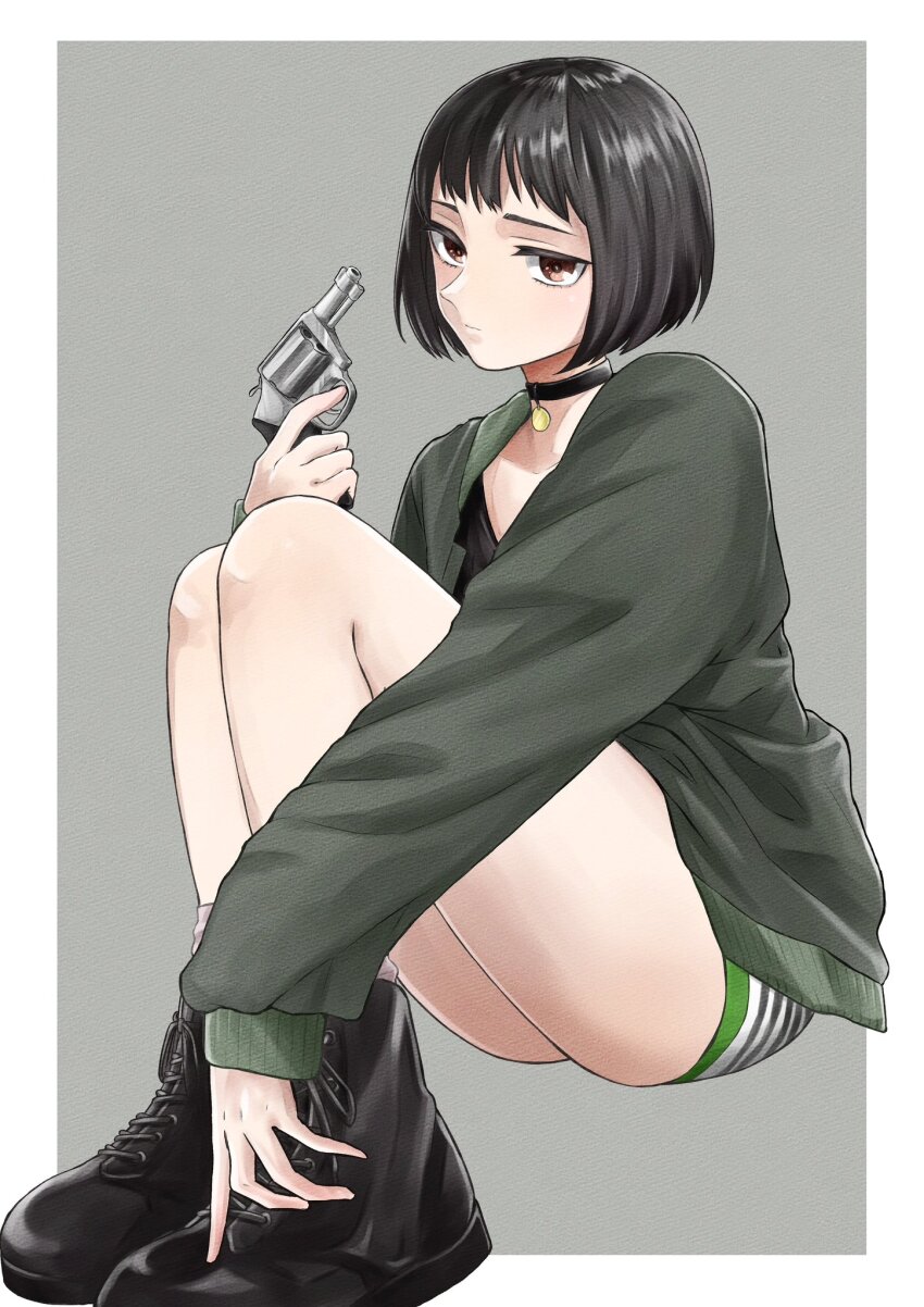 1girl aiming_up black_boots black_choker black_hair black_shirt black_shorts bob_cut boots border brown_eyes choker closed_mouth collarbone commentary expressionless eyelashes from_side green_jacket green_shorts grey_background gun hand_on_own_foot handgun highres holding holding_gun holding_weapon jacket knees_up leon_the_professional long_sleeves looking_at_viewer looking_to_the_side mathilda_lando multicolored_shorts open_clothes open_jacket outside_border paper_texture pendant_choker revolver ruger_sp101 sakuma_(skmsy34) shirt short_hair short_shorts shorts sitting solo spread_fingers weapon white_border white_shorts