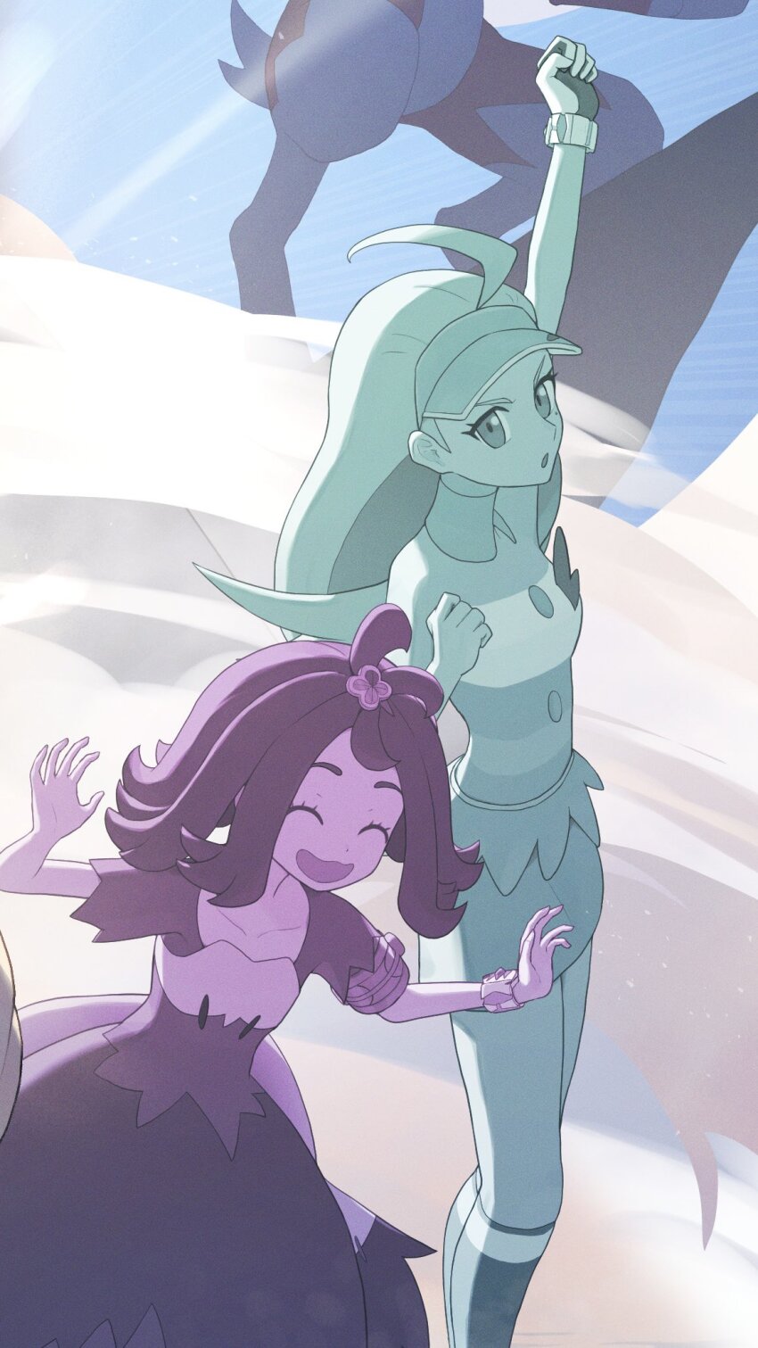 2024 2girls acerola_(pokemon) armlet closed_eyes cool_colored dress game_freak gen_7_pokemon highres jewelry kahili_(pokemon) long_hair lycanroc lycanroc_(midnight) multiple_girls nintendo odd_(hin_yari) open_mouth pokemon pokemon_sm short_hair skirt visor_cap z-move_trainer_pose