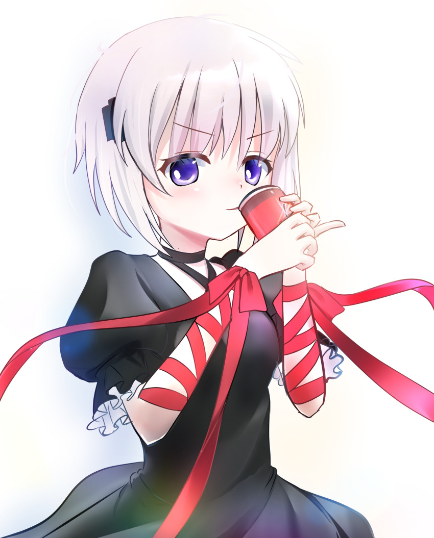 1girl absurdres ahoge arm_ribbon black_choker black_dress bloom blush bow can choker commentary cowboy_shot criss-cross_halter cross_hair_ornament dress eyes_visible_through_hair frilled_sleeves frills grey_hair hair_between_eyes hair_ornament halterneck hands_up highres holding holding_can kagari_(rewrite) long_ribbon looking_at_viewer miraikanai parted_lips pinky_out puffy_short_sleeves puffy_sleeves purple_eyes red_bow red_ribbon rewrite ribbon short_hair short_sleeves simple_background smile smug solo v-shaped_eyebrows white_background wrist_bow