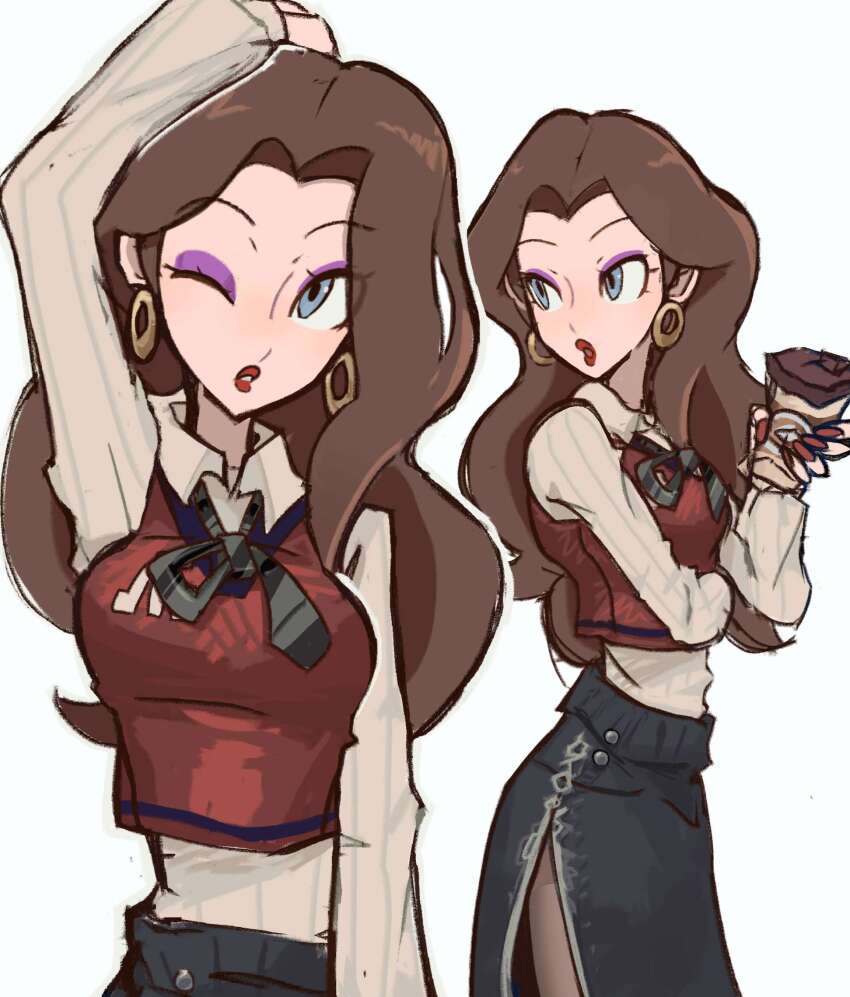 1girl 2909kjk blue_eyes breasts brown_hair cropped_vest earrings eyeshadow highres jewelry lipstick long_hair long_skirt makeup mario_(series) multiple_views nintendo pauline_(mario) red_lips shirt side_slit skirt vest white_shirt