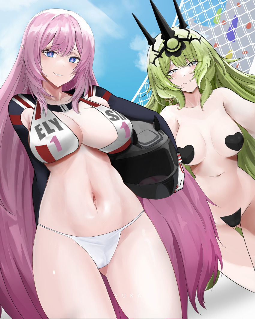 2girls absurdres alternate_costume artist_name black_tiara blue_eyes blue_sky breasts commentary_request completely_nude crop_top elf elysia_(honkai_impact) gluteal_fold green_hair heart_pasties helmet highres holding holding_helmet honkai_(series) honkai_impact_3rd large_breasts long_hair mobius_(honkai_impact) multiple_girls navel nude outdoors paid_reward_available panties pasties pointy_ears racing_suit roller_coaster sky slit_pupils smile stomach thighs tiara underwear very_long_hair white_panties yuka_1503