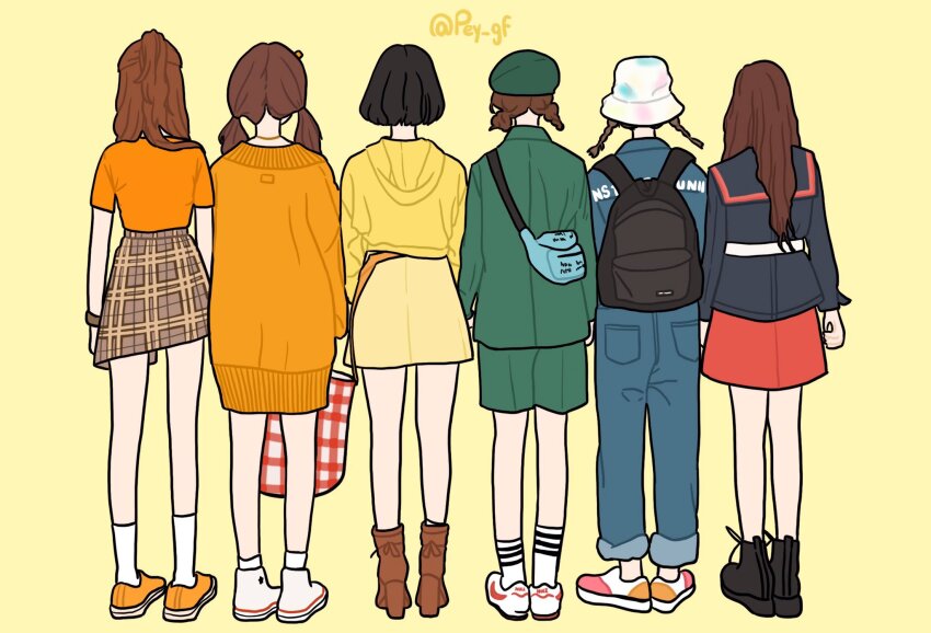 6+girls back bag bob_cut boots braided_twintails brown_hair commentary eunha_(gfriend) gfriend green_hat green_jacket hat highres holding holding_bag jacket k-pop long_hair multiple_girls orange_shirt pey_gf red_skirt shirt short_hair shoulder_bag simple_background sinb_(gfriend) skirt socks sowon_(gfriend) sweater twintails twitter_username umji_(gfriend) white_socks yellow_background yerin_(gfriend) yuju_(gfriend)