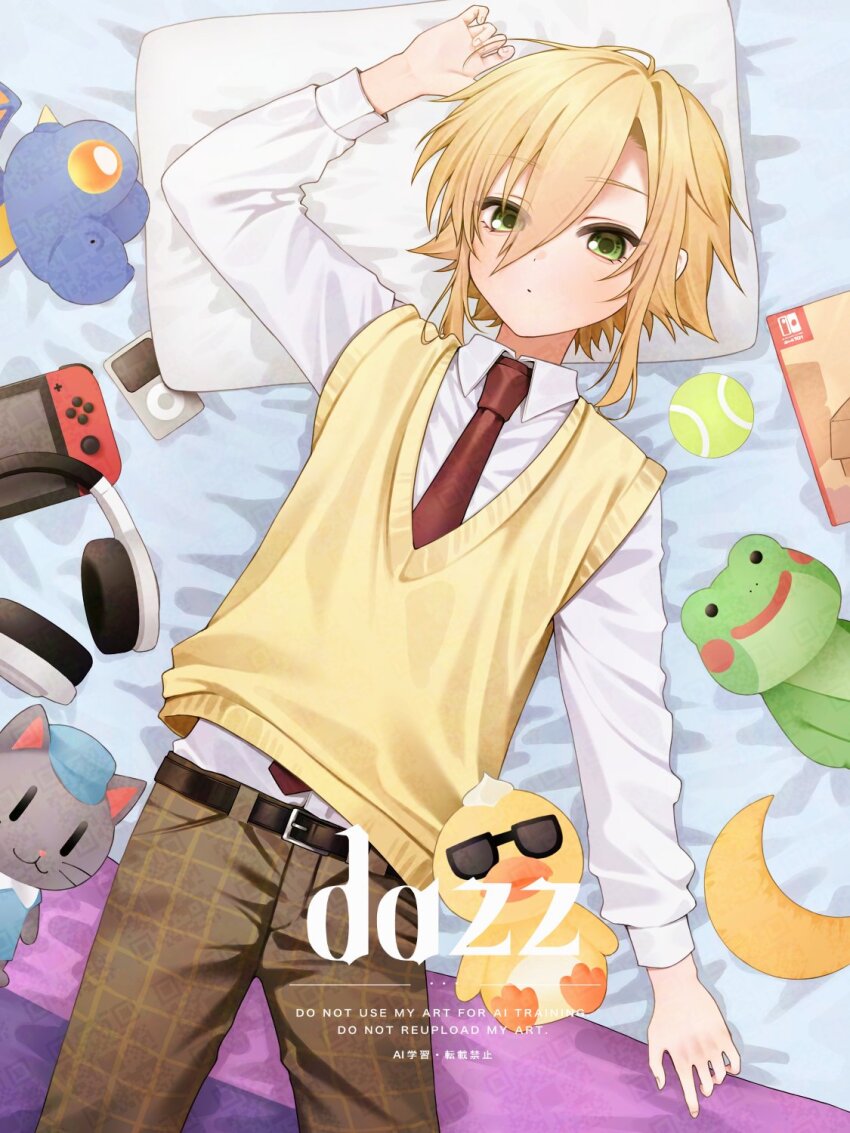 1boy arm_up artist_name bed_sheet belt blanket blonde_hair brown_belt brown_pants checkered_clothes checkered_pants closed_mouth collared_shirt cowboy_shot crescent dazz_(dazz_gp3yd) digital_media_player dot_mouth dot_nose english_text expressionless game_boy green_eyes hair_between_eyes handheld_game_console head_on_pillow headphones highres indoors long_bangs long_sleeves looking_at_viewer lying male_focus necktie nijisanji nintendo_switch on_back on_bed pants pillow red_necktie school_uniform shirt shirt_tucked_in short_hair solo straight_hair stuffed_animal stuffed_cat stuffed_dinosaur stuffed_duck stuffed_frog stuffed_toy sunglasses uzuki_kou vest virtual_youtuber watermark white_shirt yellow_vest
