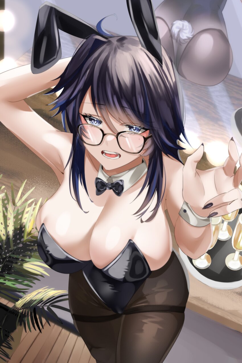1girl absurdres animal_ears black_bow black_leotard black_nails black_pantyhose blue_eyes blue_hair bow breasts cleavage collar commentary detached_collar english_commentary fake_animal_ears fake_tail highres kson large_breasts leotard long_hair looking_at_viewer lulanoon mole mole_under_eye multicolored_hair nail_polish open_mouth pantyhose playboy_bunny purple_hair rabbit_ears rabbit_tail strapless strapless_leotard streaked_hair tail thighband_pantyhose virtual_youtuber vshojo white_collar white_wrist_cuffs wrist_cuffs