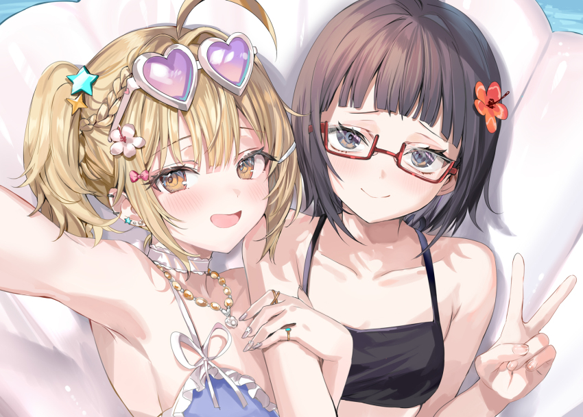 2girls armpits bikini black_bikini black_hair blonde_hair blue_bikini braid closed_mouth eyewear_on_head flower glasses hair_flower hair_ornament heart heart-shaped_eyewear holding_hands looking_at_viewer medium_hair miyamae_nonoa momoko_(momopoco) multiple_girls novel_illustration official_art open_mouth short_hair side_ponytail smile star_(symbol) star_hair_ornament sunglasses swimsuit taniyama_sayaka tokidoki_bosotto_roshia-go_de_dereru_tonari_no_alya-san upper_body v