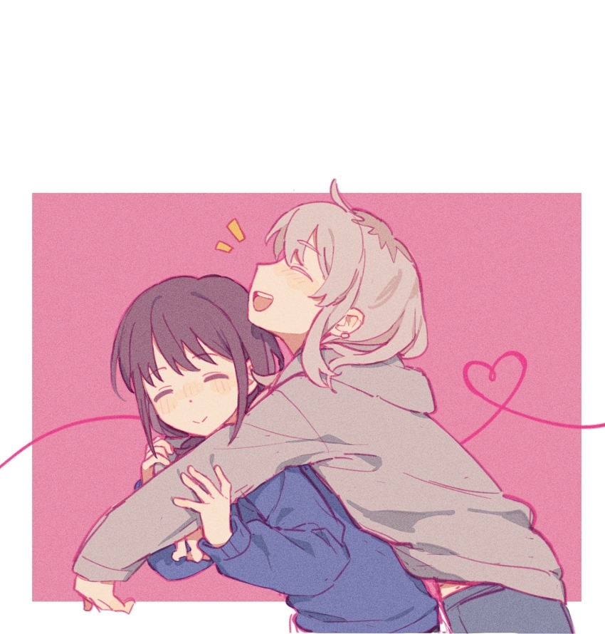 2girls ^_^ blue_pants blue_sweater blush border brown_hair closed_eyes closed_mouth couple cowboy_shot earclip girls_band_cry grey_hair grey_hoodie highres hood hood_down hoodie hug hug_from_behind iseri_nina kawaragi_momoka long_hair long_sleeves midriff_peek multicolored_hair multiple_girls open_mouth outside_border pants rice_(somasuki_77) roots_(hair) short_hair sidelocks smile sweater teeth upper_teeth_only white_border yuri