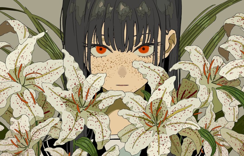 1girl black_hair dots floral_background flower freckles hair_behind_ear highres lily_(flower) long_hair looking_at_viewer open_mouth original portrait red_eyes school_uniform simple_background solo tsukii_(t_s_u_k_i_i) white_flower white_lily